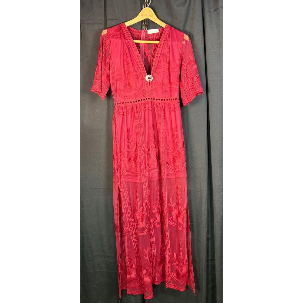 Eleter Red Floral Lace V-Neck Maxi Dress with Built-in Shorts Size S